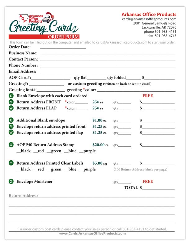 Arkansas Office Products Card Order Form